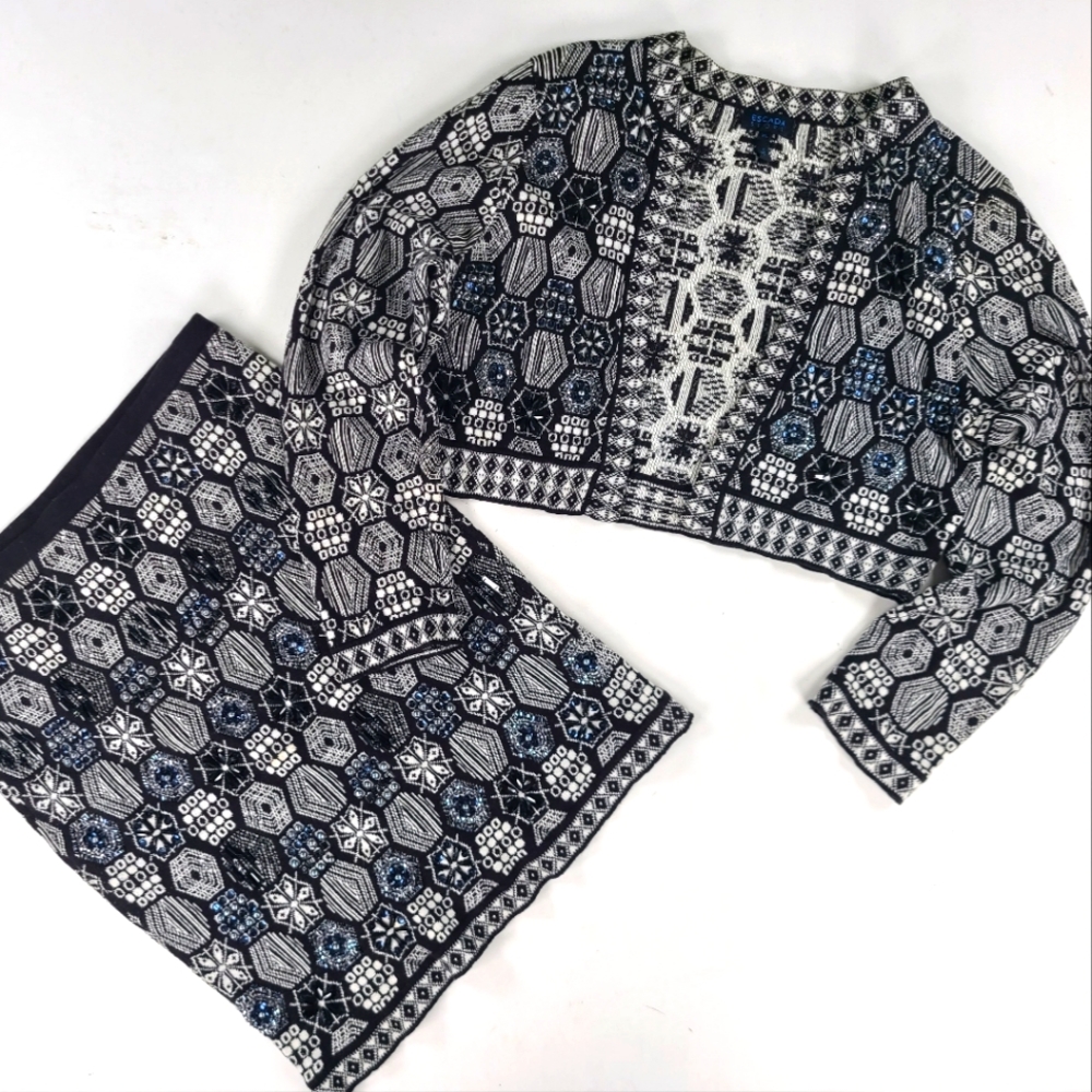 Escada Sport By Margaretha Ley Cardigan and Skirt Set Geometric Embroidered